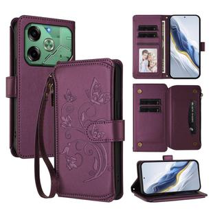 For Tecno Pova 6 4G Butterfly Love Flower Multi-card Zipper Wallet Leather Phone Case(Dark Purple)