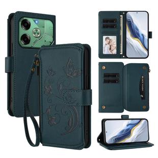 For Tecno Pova 6 4G Butterfly Love Flower Multi-card Zipper Wallet Leather Phone Case(Dark Green)