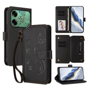 For Tecno Pova 6 4G Butterfly Love Flower Multi-card Zipper Wallet Leather Phone Case(Black)