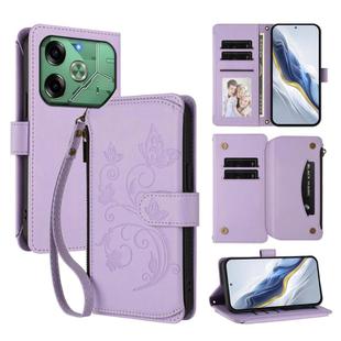 For Tecno Pova 6 4G Butterfly Love Flower Multi-card Zipper Wallet Leather Phone Case(Light Purple)