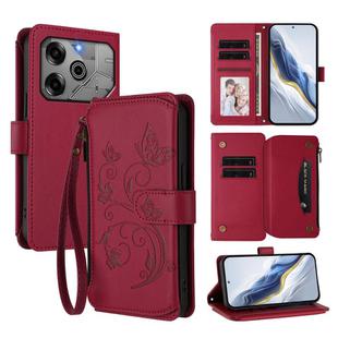 For Tecno Pova 6 5G / 6 Pro 5G Butterfly Love Flower Multi-card Zipper Wallet Leather Phone Case(Wine Red)