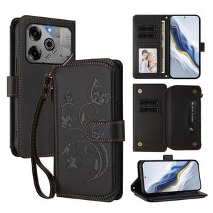 For Tecno Pova 6 5G / 6 Pro 5G Butterfly Love Flower Multi-card Zipper Wallet Leather Phone Case(Black)