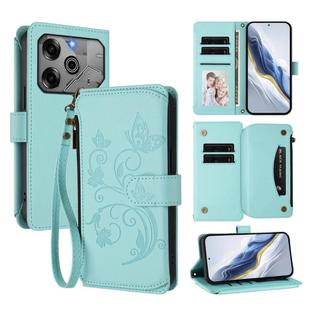 For Tecno Pova 6 5G / 6 Pro 5G Butterfly Love Flower Multi-card Zipper Wallet Leather Phone Case(Mint Green)