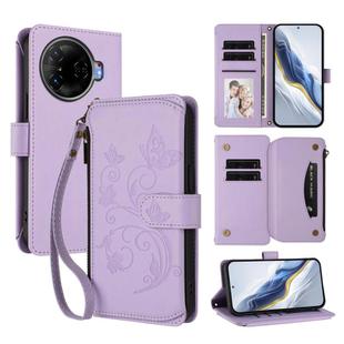For Tecno Camon 30 Pro 5G Butterfly Love Flower Multi-card Zipper Wallet Leather Phone Case(Light Purple)