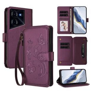 For Tecno Pova 5 Pro 5G Butterfly Love Flower Multi-card Zipper Wallet Leather Phone Case(Dark Purple)