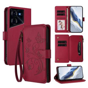 For Tecno Pova 5 Pro 5G Butterfly Love Flower Multi-card Zipper Wallet Leather Phone Case(Wine Red)