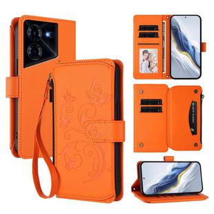 For Tecno Pova 5 Pro 5G Butterfly Love Flower Multi-card Zipper Wallet Leather Phone Case(Orange)