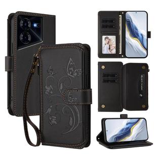 For Tecno Pova 5 Pro 5G Butterfly Love Flower Multi-card Zipper Wallet Leather Phone Case(Black)