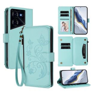 For Tecno Pova 5 Pro 5G Butterfly Love Flower Multi-card Zipper Wallet Leather Phone Case(Mint Green)