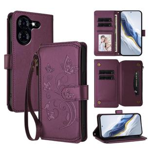 For Tecno Pova 5 Butterfly Love Flower Multi-card Zipper Wallet Leather Phone Case(Dark Purple)