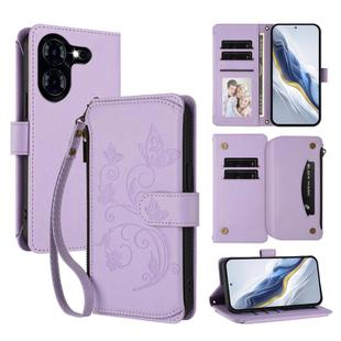 For Tecno Pova 5 Butterfly Love Flower Multi-card Zipper Wallet Leather Phone Case(Light Purple)