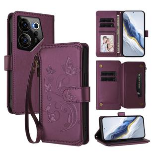 For Tecno Camon 20 Premier 5G Butterfly Love Flower Multi-card Zipper Wallet Leather Phone Case(Dark Purple)