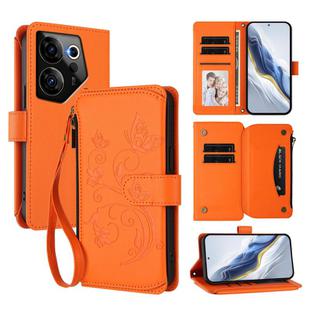 For Tecno Camon 20 Premier 5G Butterfly Love Flower Multi-card Zipper Wallet Leather Phone Case(Orange)