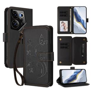 For Tecno Camon 20 Premier 5G Butterfly Love Flower Multi-card Zipper Wallet Leather Phone Case(Black)