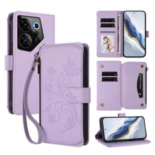 For Tecno Camon 20 Premier 5G Butterfly Love Flower Multi-card Zipper Wallet Leather Phone Case(Light Purple)
