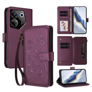 For Tecno Camon 20 Pro 5G Butterfly Love Flower Multi-card Zipper Wallet Leather Phone Case(Dark Purple)