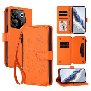 For Tecno Camon 20 Pro 5G Butterfly Love Flower Multi-card Zipper Wallet Leather Phone Case(Orange)