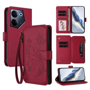 For Tecno Camon 20 4G / 20 Pro 4G Butterfly Love Flower Multi-card Zipper Wallet Leather Phone Case(Wine Red)