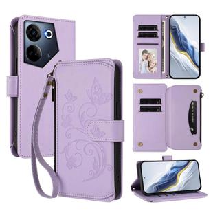 For Tecno Camon 20 4G / 20 Pro 4G Butterfly Love Flower Multi-card Zipper Wallet Leather Phone Case(Light Purple)