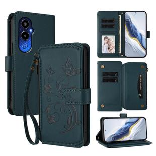 For Tecno Pova 4 Pro Butterfly Love Flower Multi-card Zipper Wallet Leather Phone Case(Dark Green)
