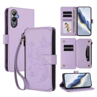 For Tecno Pova 4 Butterfly Love Flower Multi-card Zipper Wallet Leather Phone Case(Light Purple)