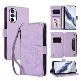 For Tecno Pova 3 Butterfly Love Flower Multi-card Zipper Wallet Leather Phone Case(Light Purple)