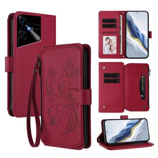 For Tecno Pova Neo 3 Butterfly Love Flower Multi-card Zipper Wallet Leather Phone Case(Wine Red)