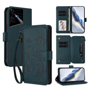 For Tecno Pova Neo 3 Butterfly Love Flower Multi-card Zipper Wallet Leather Phone Case(Dark Green)