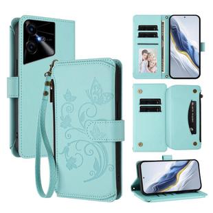 For Tecno Pova Neo 3 Butterfly Love Flower Multi-card Zipper Wallet Leather Phone Case(Mint Green)