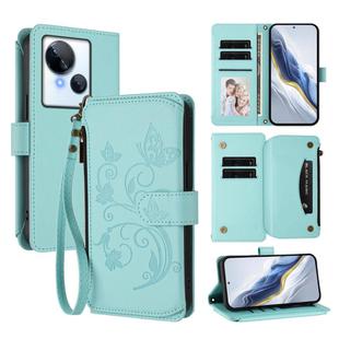 For Tecno Spark 10 5G Butterfly Love Flower Multi-card Zipper Wallet Leather Phone Case(Mint Green)