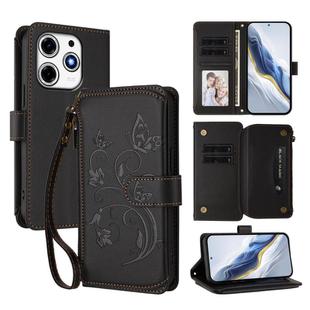 For Tecno Spark 10 Pro Magic Butterfly Love Flower Multi-card Zipper Wallet Leather Phone Case(Black)