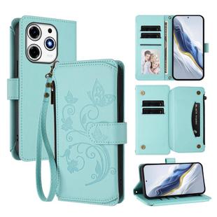 For Tecno Spark 10 Pro Magic Butterfly Love Flower Multi-card Zipper Wallet Leather Phone Case(Mint Green)