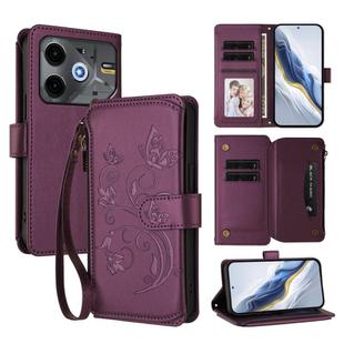 For Tecno Spark 30 5G / Pova 6 Neo 5G Butterfly Love Flower Multi-card Zipper Wallet Leather Phone Case(Dark Purple)