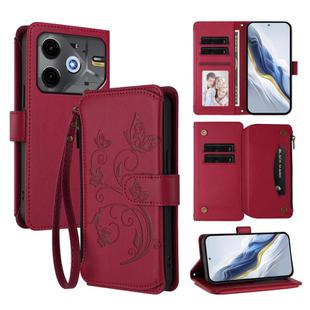 For Tecno Spark 30 5G / Pova 6 Neo 5G Butterfly Love Flower Multi-card Zipper Wallet Leather Phone Case(Wine Red)