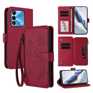 For Tecno Spark GO 2022 / 8C / 9 Butterfly Love Flower Multi-card Zipper Wallet Leather Phone Case(Wine Red)