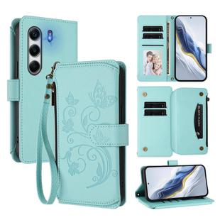 For Tecno Camon 40 Pro 4G Butterfly Love Flower Multi-card Zipper Wallet Leather Phone Case(Mint Green)
