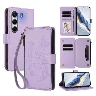 For Tecno Camon 40 Pro 4G Butterfly Love Flower Multi-card Zipper Wallet Leather Phone Case(Light Purple)