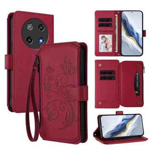 For Coolpad C16 Butterfly Love Flower Multi-card Zipper Wallet Leather Phone Case(Wine Red)