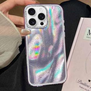 For iPhone 16 Pro Max 3 in 1 Diamond Lens Frame Quicksand Pattern Phone Case(Purple)