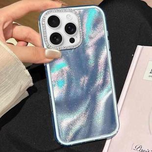 For iPhone 16 Pro 3 in 1 Diamond Lens Frame Quicksand Pattern Phone Case(Blue)