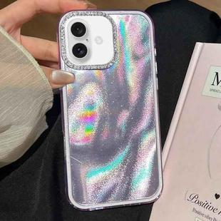 For iPhone 16 3 in 1 Diamond Lens Frame Quicksand Pattern Phone Case(Purple)