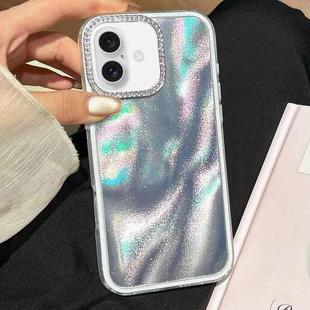 For iPhone 16 3 in 1 Diamond Lens Frame Quicksand Pattern Phone Case(Silver)