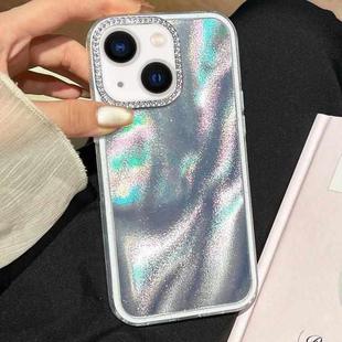For iPhone 15 Plus 3 in 1 Diamond Lens Frame Quicksand Pattern Phone Case(Silver)