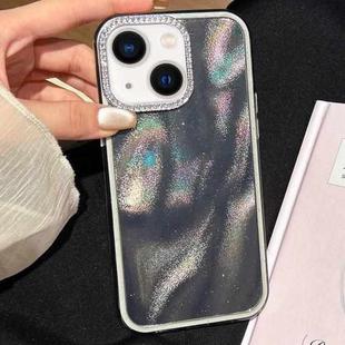 For iPhone 15 Plus 3 in 1 Diamond Lens Frame Quicksand Pattern Phone Case(Black)