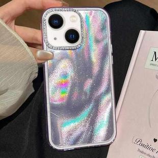 For iPhone 15 3 in 1 Diamond Lens Frame Quicksand Pattern Phone Case(Purple)