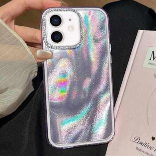 For iPhone 12 3 in 1 Diamond Lens Frame Quicksand Pattern Phone Case(Purple)