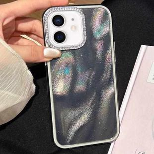 For iPhone 12 3 in 1 Diamond Lens Frame Quicksand Pattern Phone Case(Black)