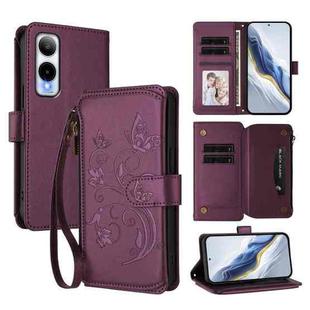 For Cricket Icon 6 / AT&T Verge SL219A Butterfly Love Flower Multi-card Zipper Wallet Leather Phone Case(Dark Purple)