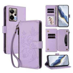 For Cricket Outlast 5G 2024 Butterfly Love Flower Multi-card Zipper Wallet Leather Phone Case(Light Purple)