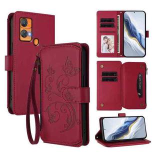 For Oukitel C33 Butterfly Love Flower Multi-card Zipper Wallet Leather Phone Case(Wine Red)